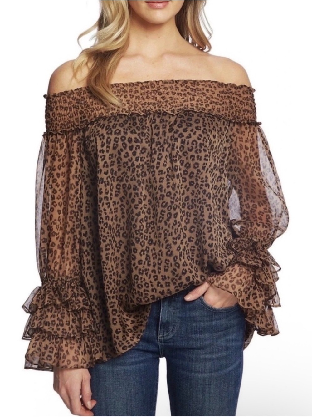 CeCe Tan Leopard Print Off Shoulder Top with Ruffle Sheer Sleeves Medium